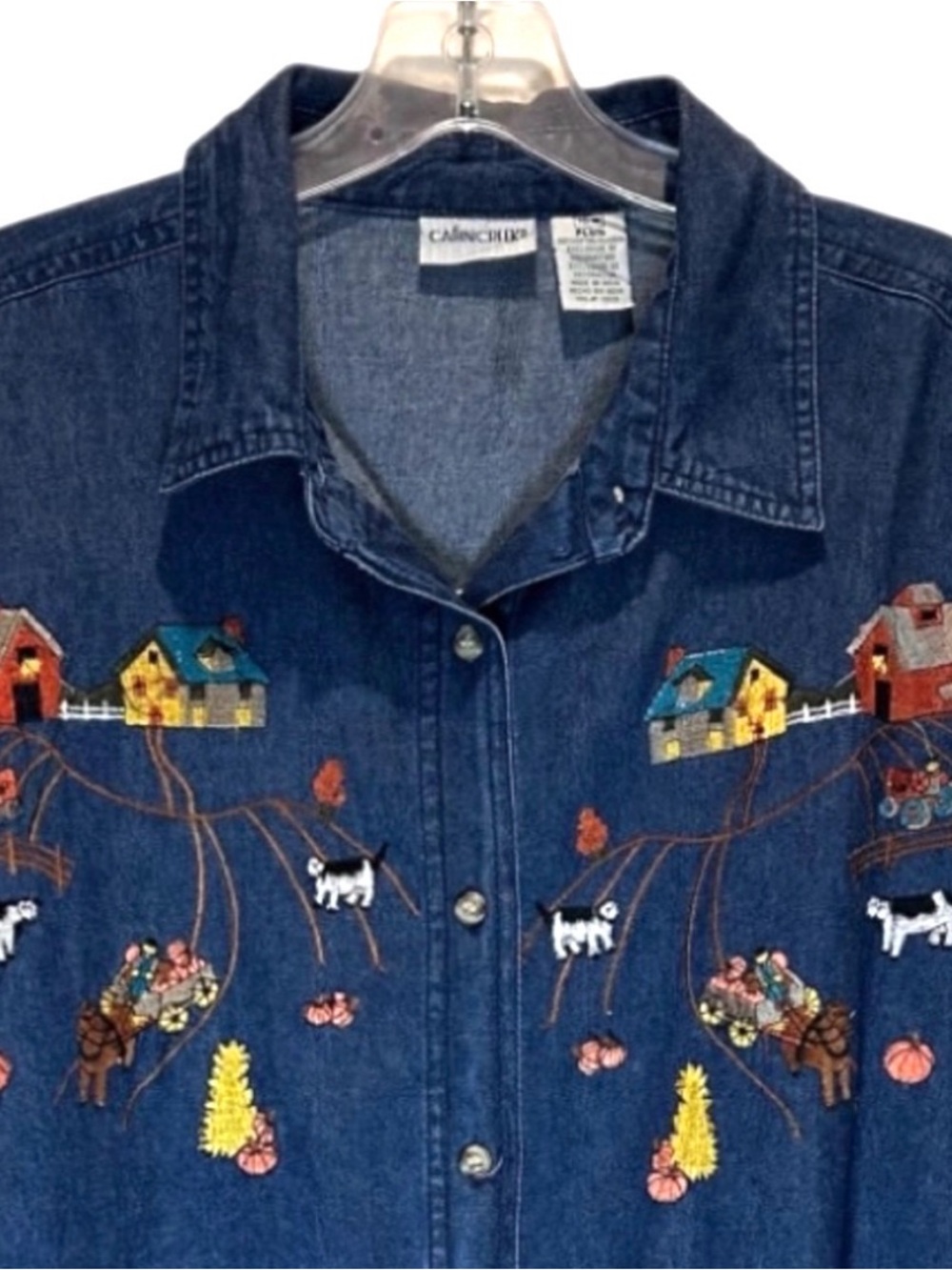 Cabin Creek Women’s Country Farm Animals Embroidered Blue Denim Shirt - 16W